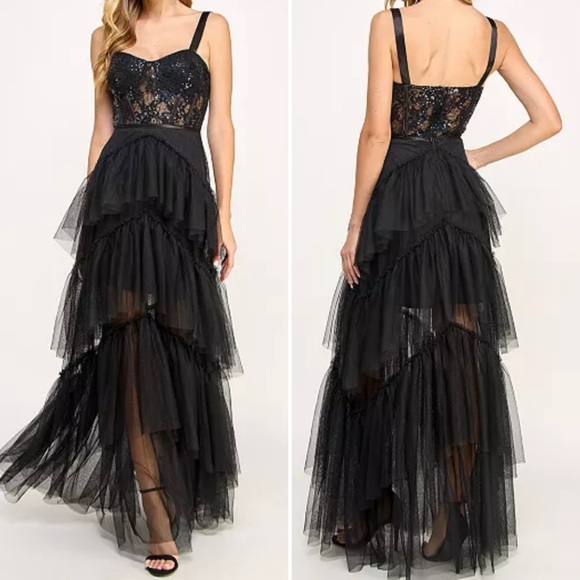 City Studios Juniors Ruffle Tulle Tiered Sequin Lace Prom Dress Macys Sz 5 Black - Picture 1 of 15